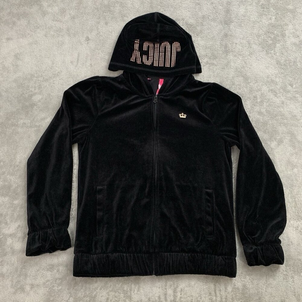 Juicy Couture Jacket Womens XS Black Velour Zip Up Athleisure Y2K Hoodie Logo
